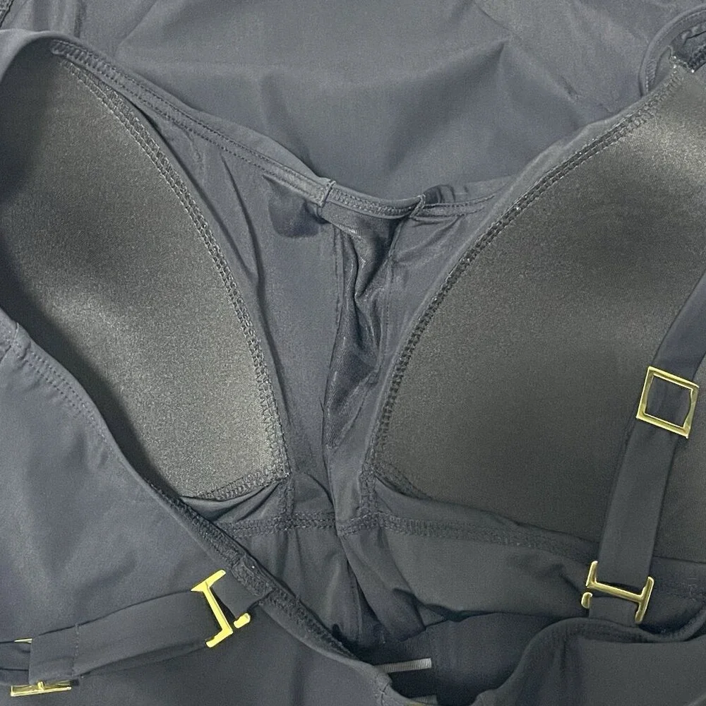 Amoressa Black Padded Bra Gold Accent Mesh Cut Out One Piece Swimsuit Size 16W